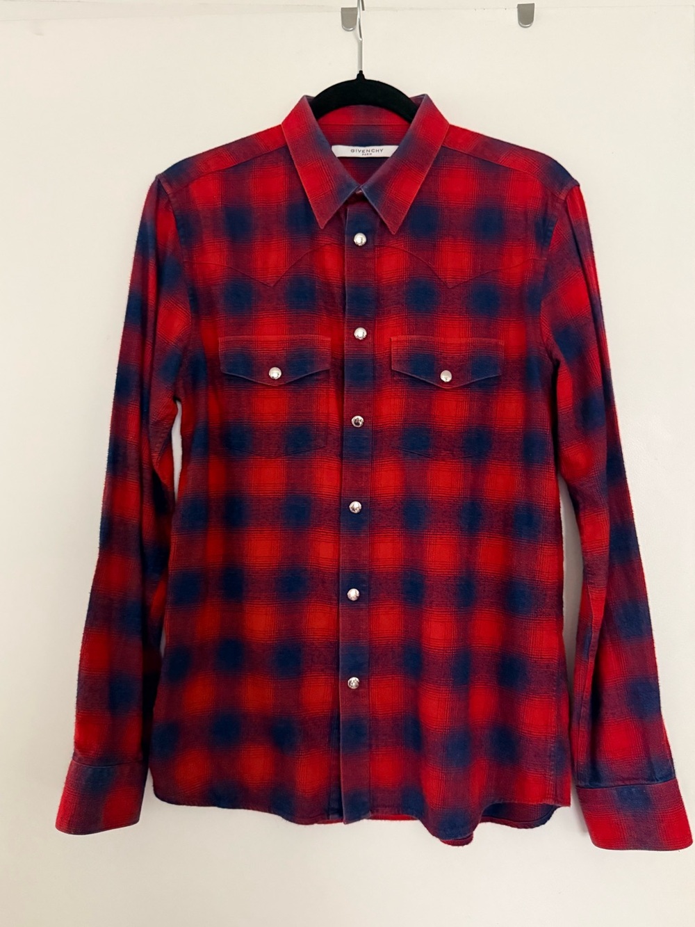 Givenchy red and blue flannel snap closure shirt
